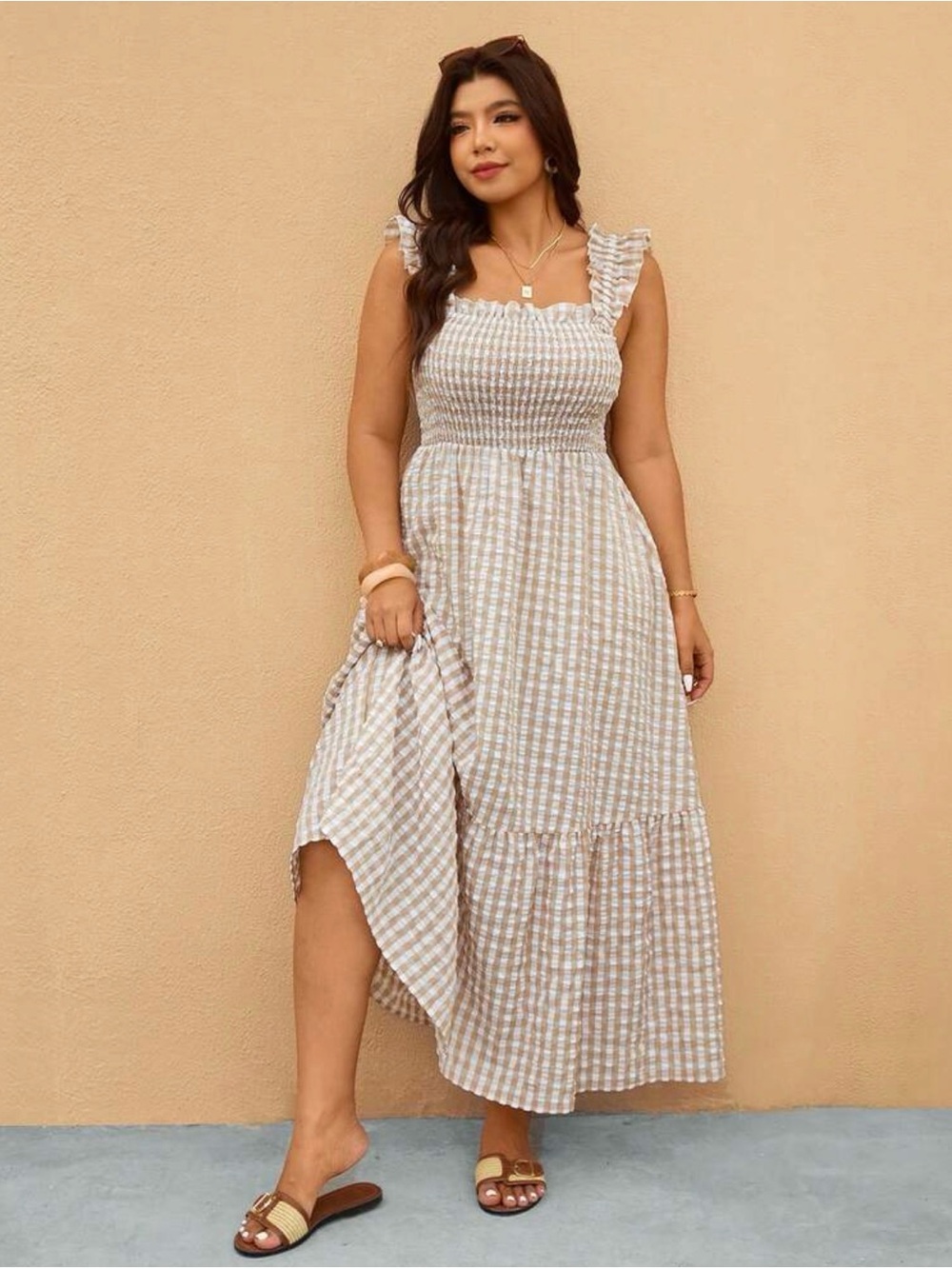 SHEIN Beige Gingham Smocked Maxi Dress